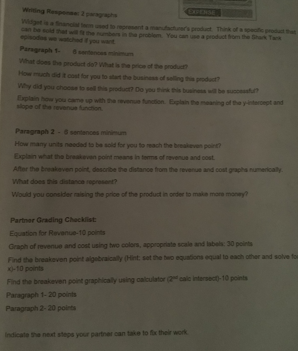 Writing Response: 2 paragraphs EXPENSE Widget is