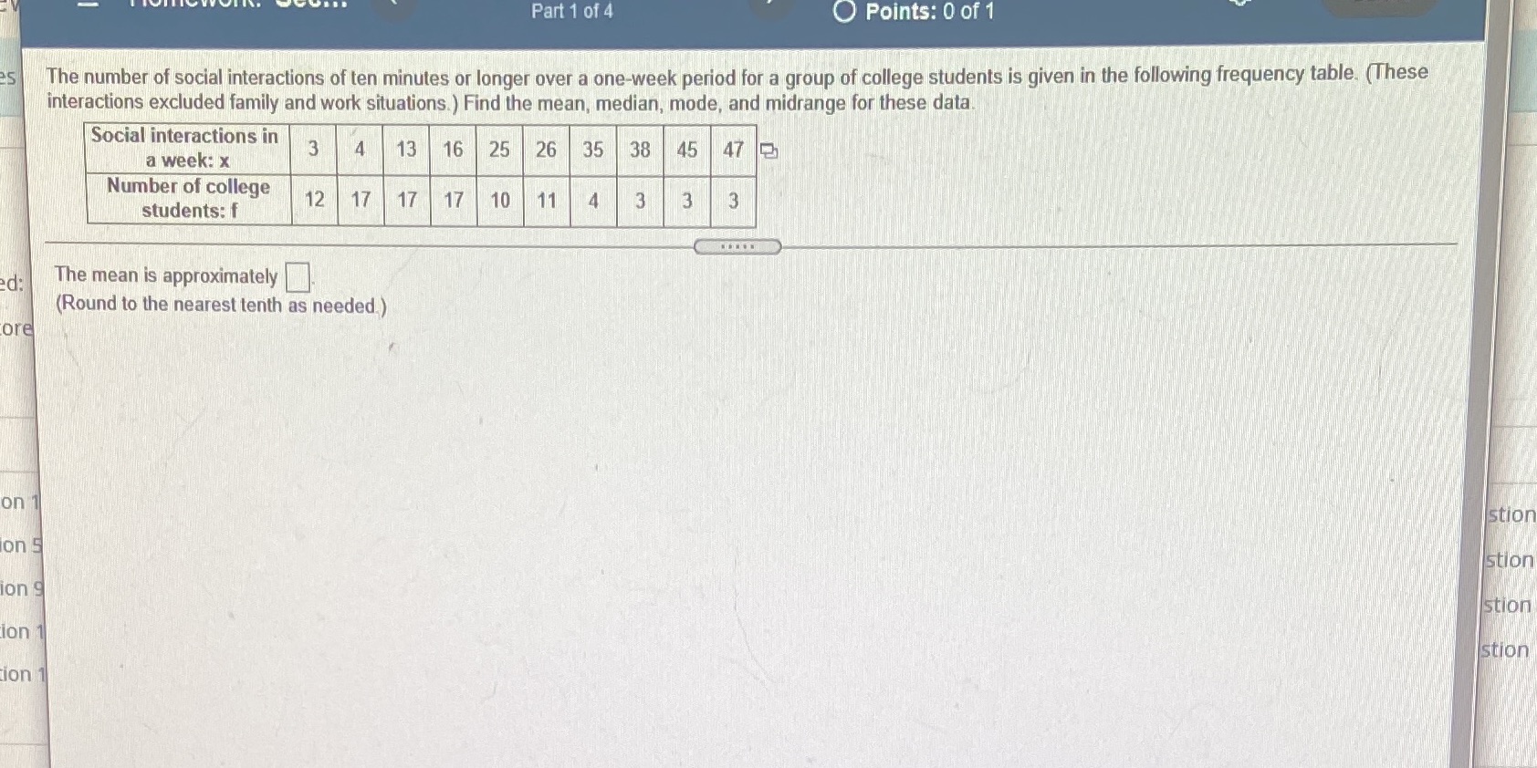 Part 1 of 4 O Points: 0 of 1 The number of social