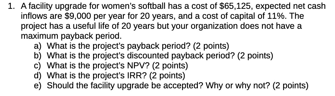 1. A facility upgrade for women's softball has a