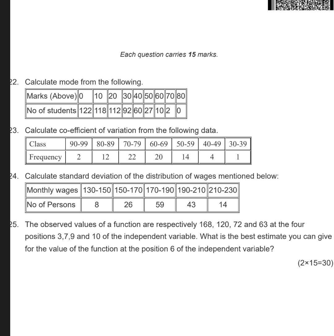 Each question carries 15 marks. 2. Calculate mode