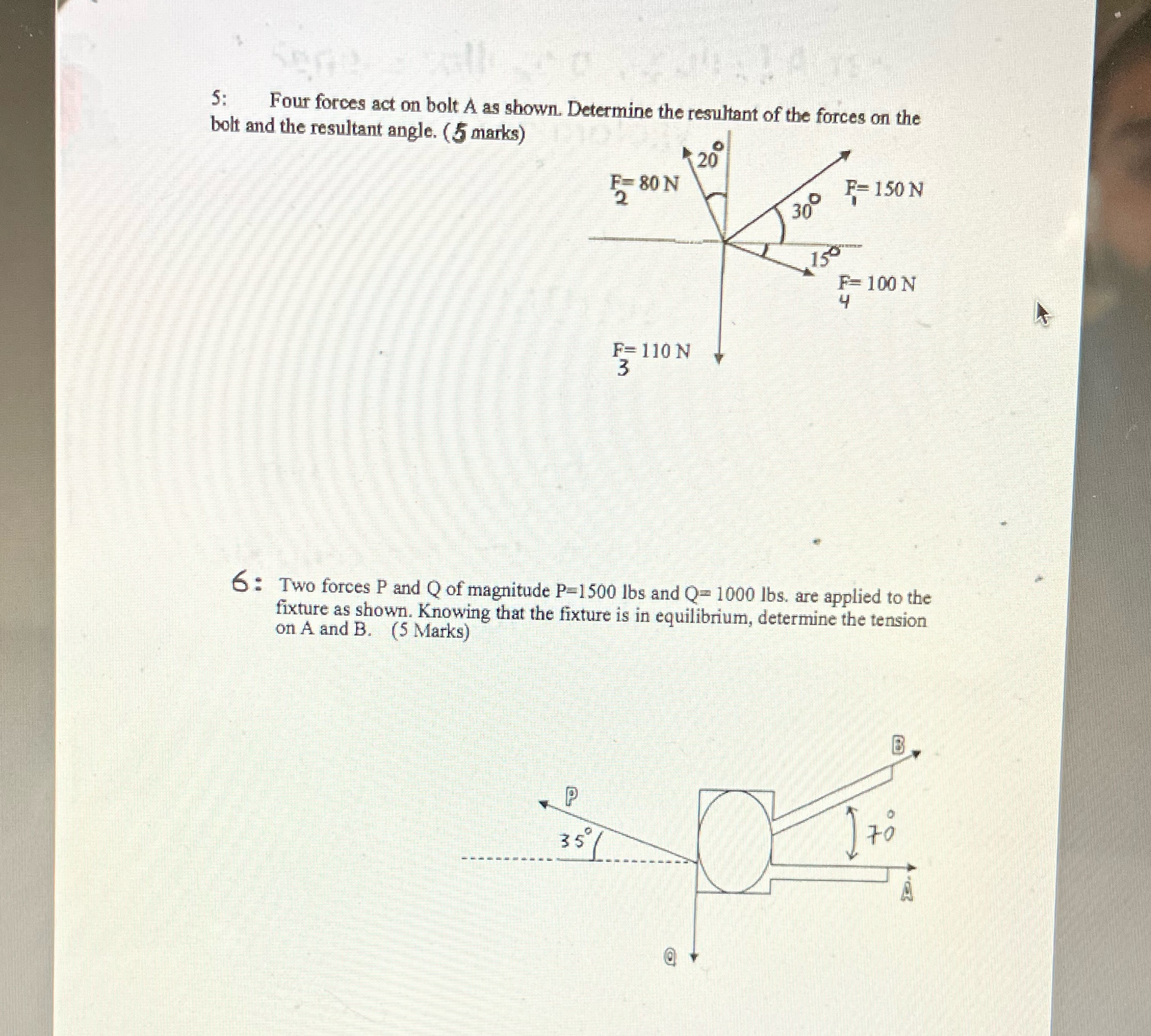 S: Four forces act on bolt A as shown. Determine
