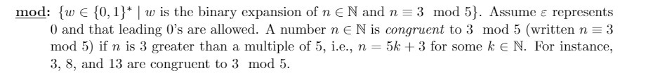 mod: {1:} E {{l, 1}* | n: is the binary expansion