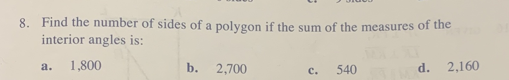 8. Find the number of sides of a polygon if the