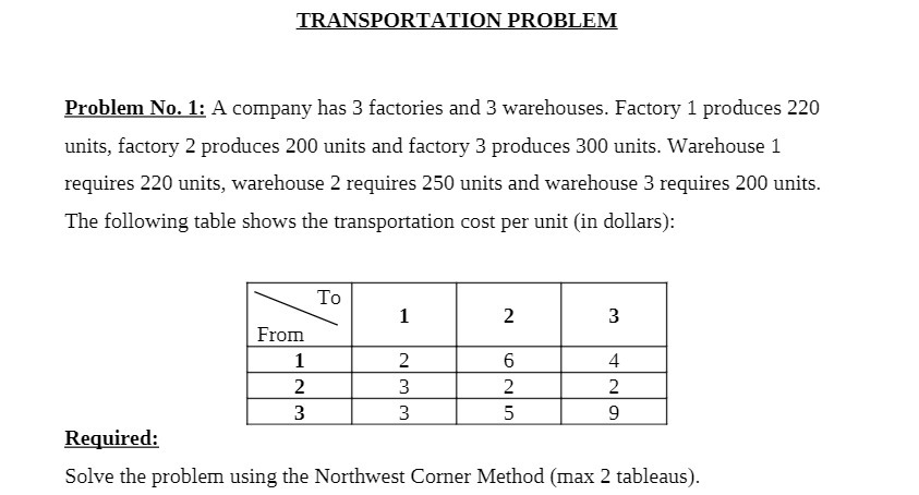 TRANSPORTATION PROBLEM Problem No. 1: A company