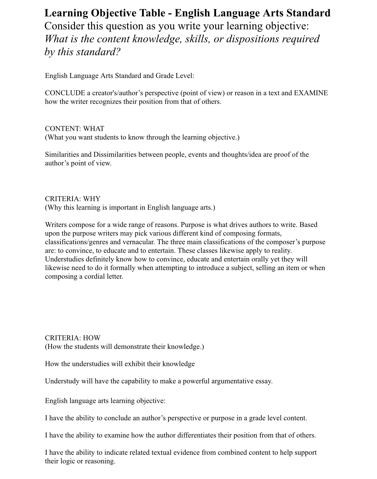 Part 1: Assessment Table Can someone show me an