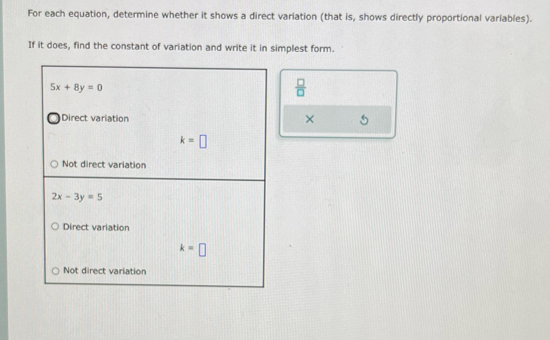 For each equation, determine whether it shows a