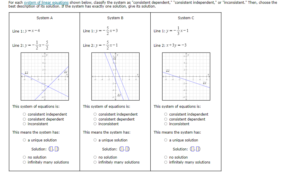 For each system of linear equations shown below,