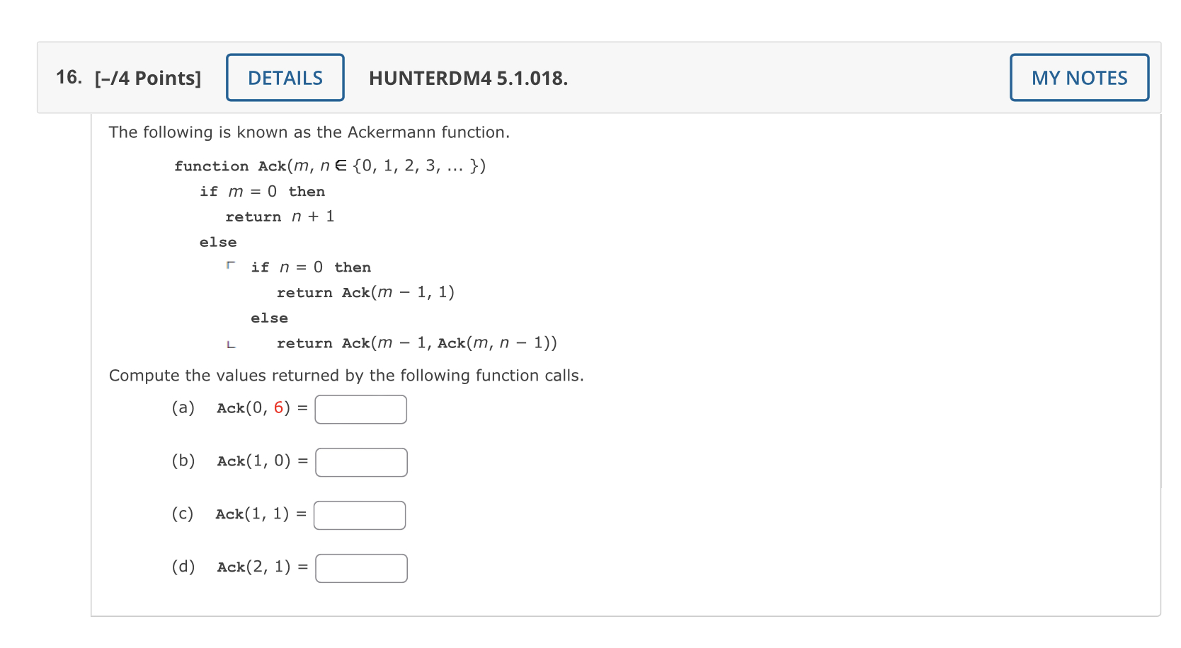 16. [-/4 Points] DETAILS HUNTERDM4 5.1.018. MY