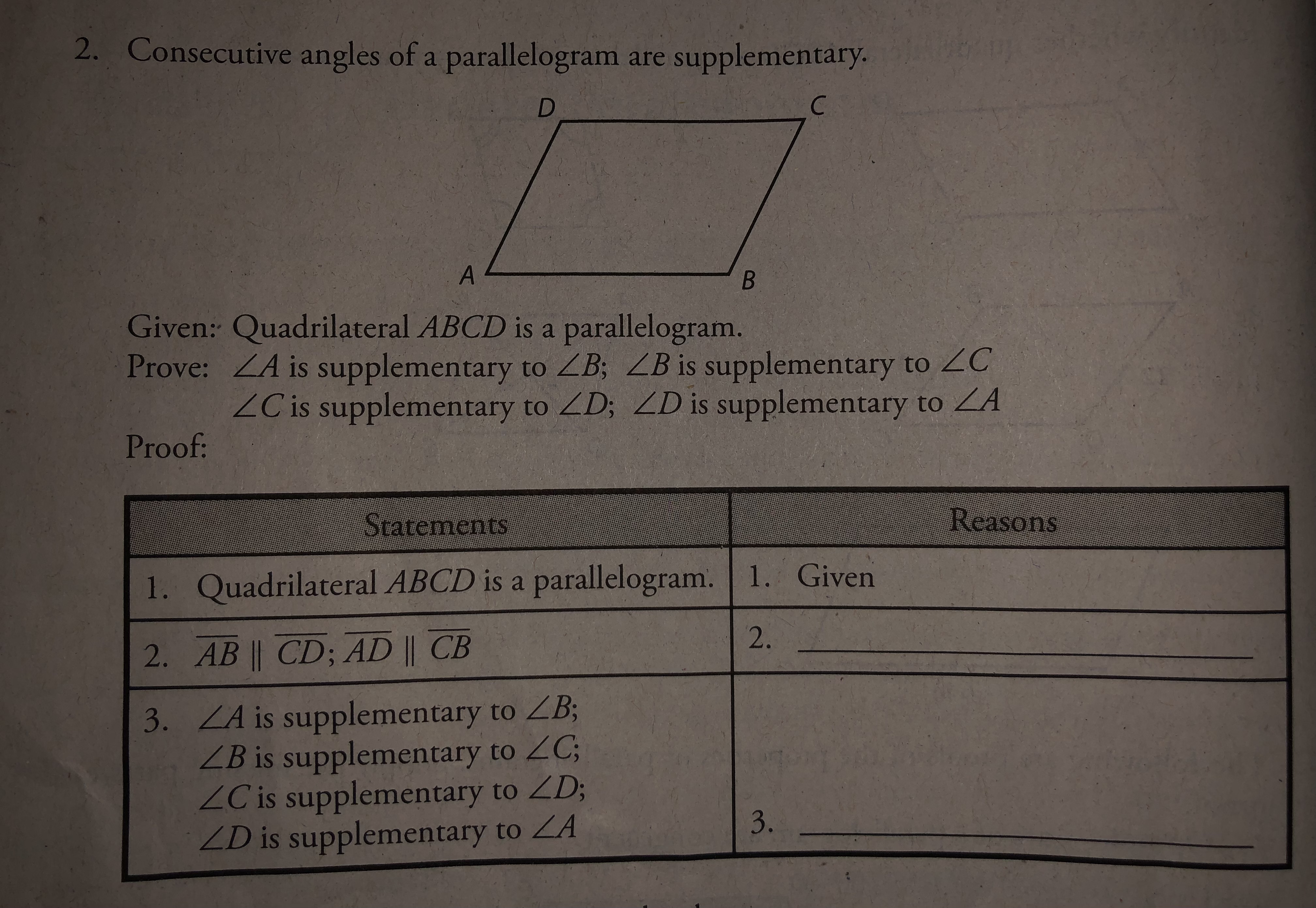 2. Consecutive angles of a parallelogram are