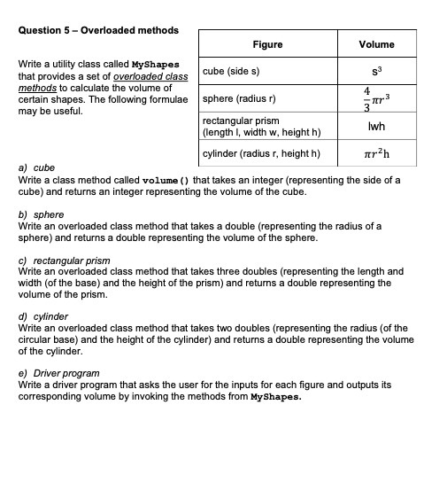 Question 5 - Overloaded methods Figure Volume