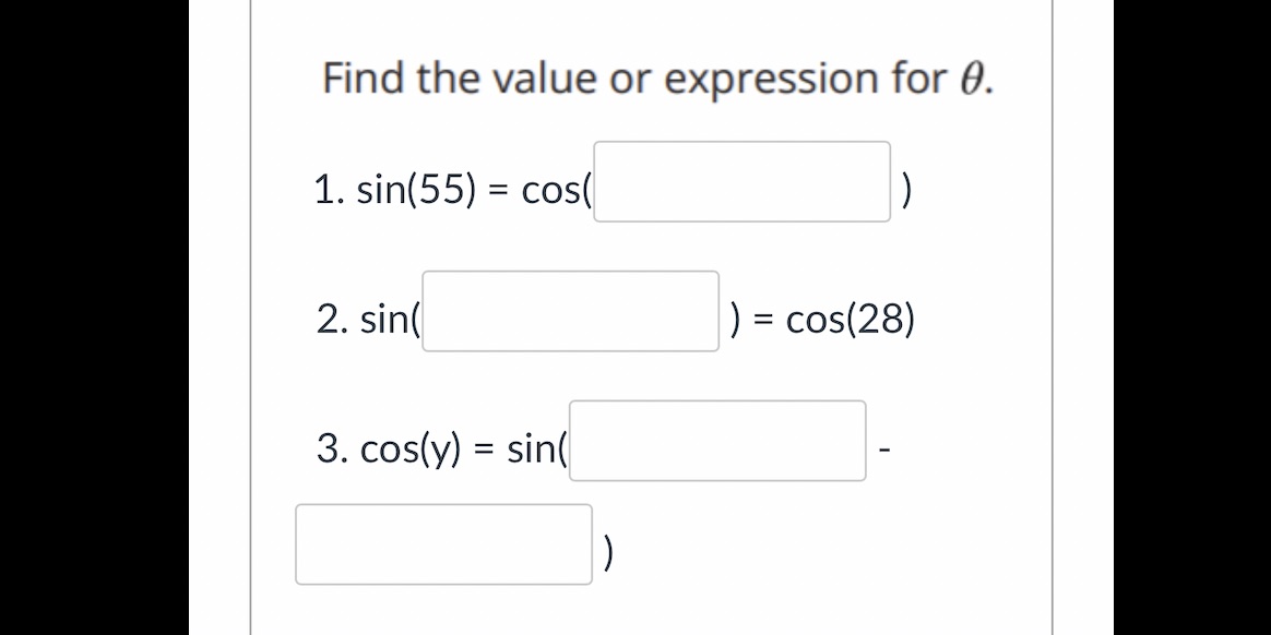 Find the value or expression for 9. 1. sin(55) =