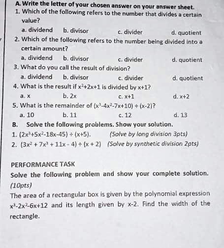 A. Write the letter of your chosen answer on your
