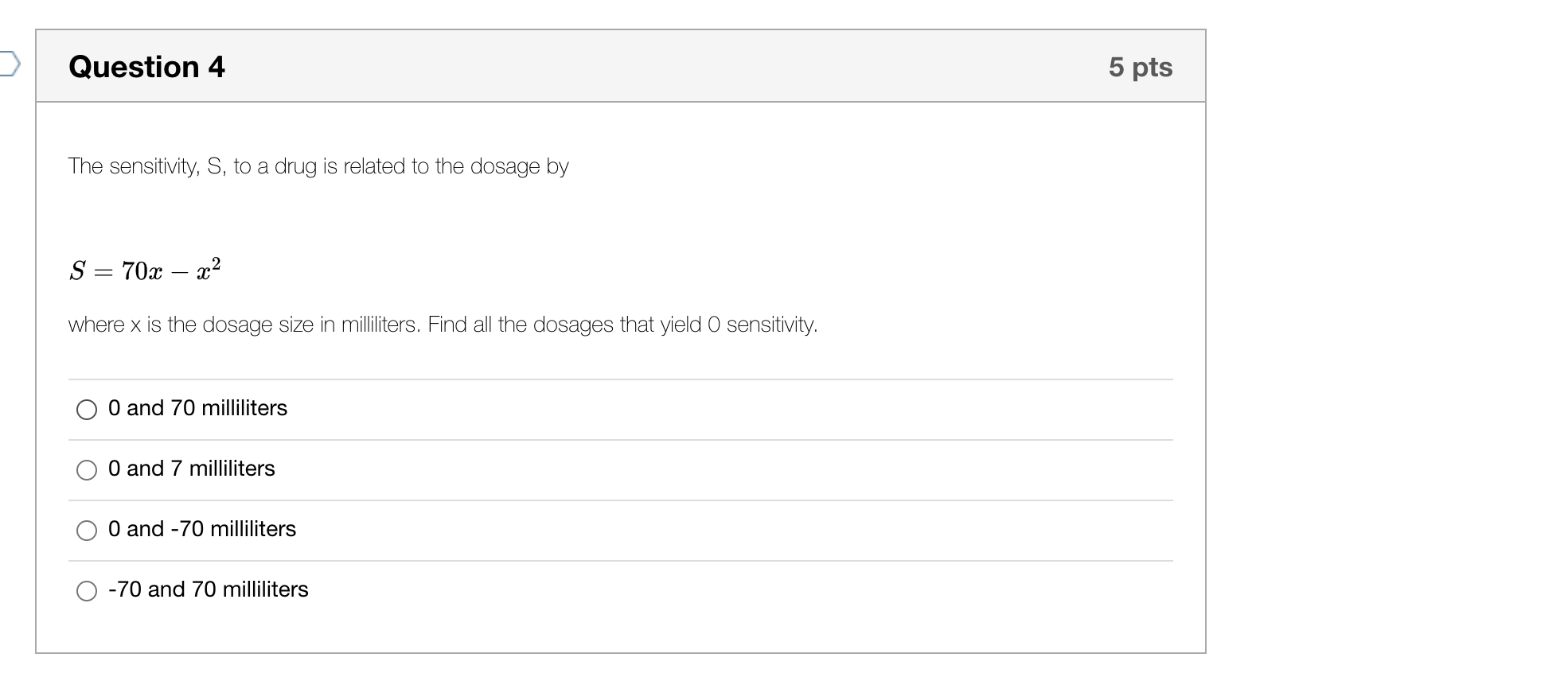 Question 4 5 pts The sensitivity, 8, to a drug is