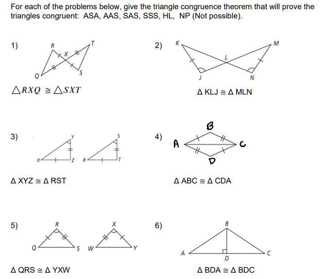 For each of the problems below, give the triangle
