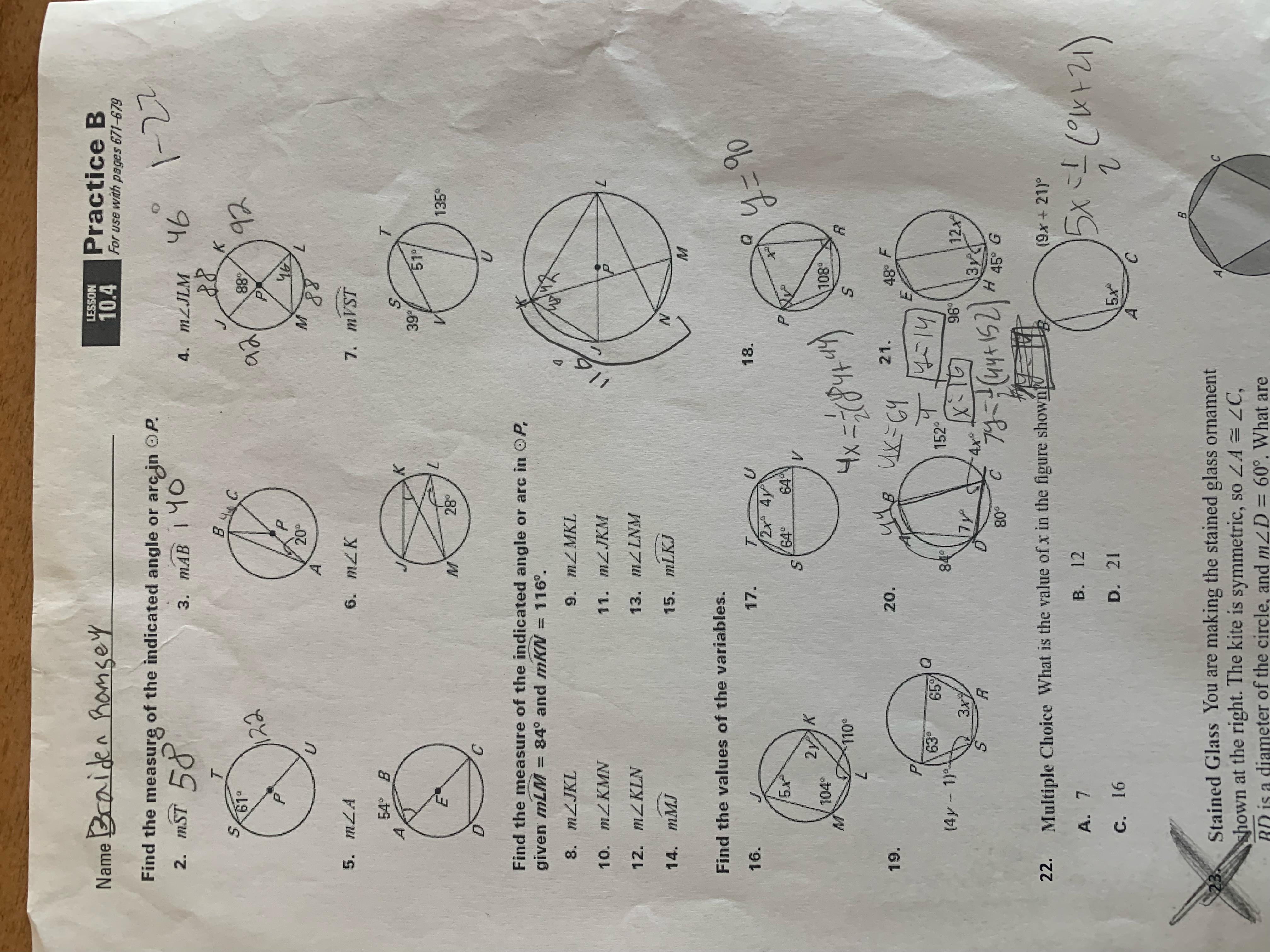 Name Braiden Ramsey LESSON 10.4 Practice B For