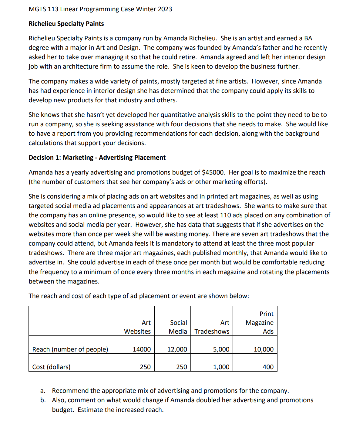MGTS 113 Linear Programming Case Winter 2023