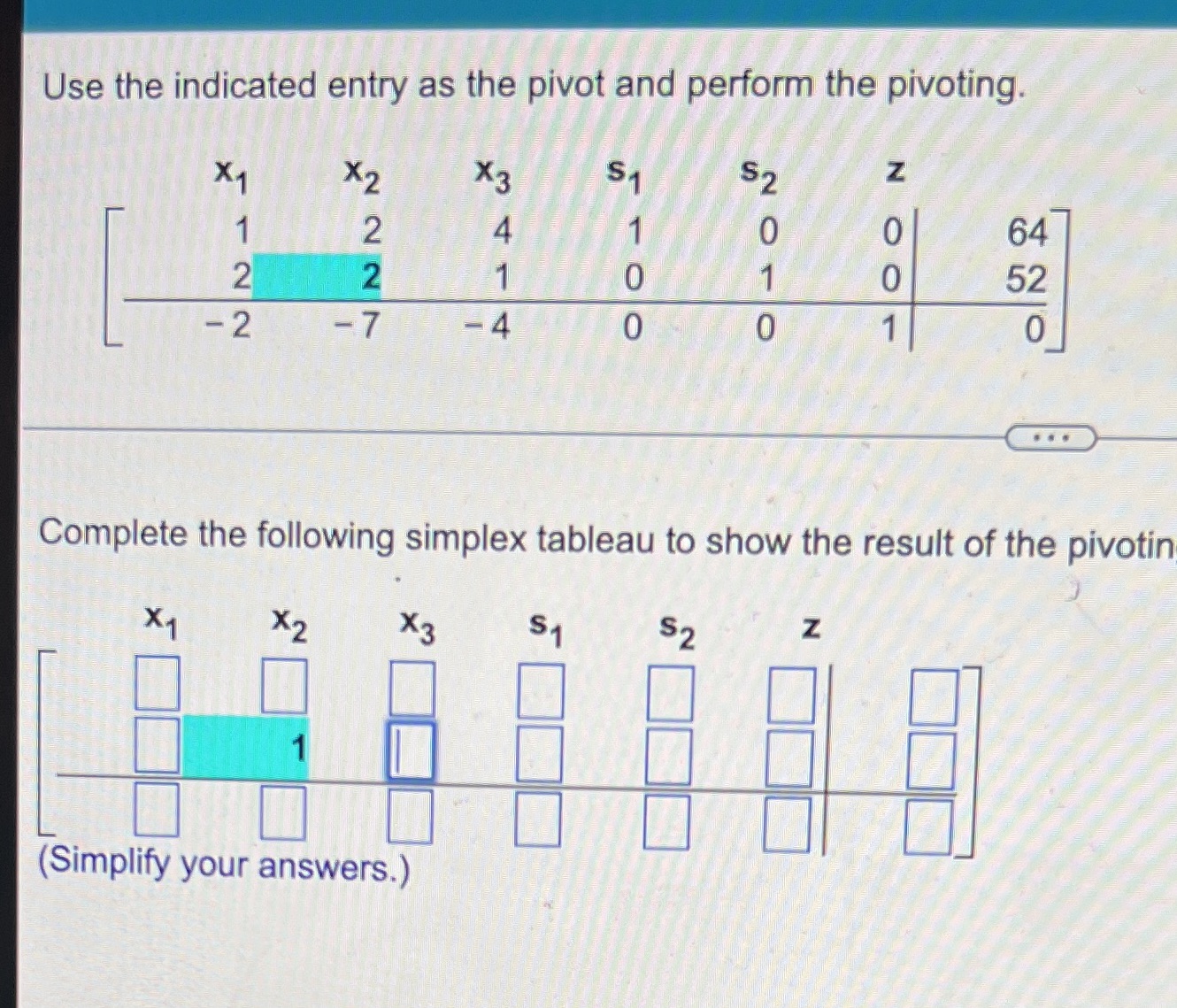 Use the indicated entry as the pivot and perform