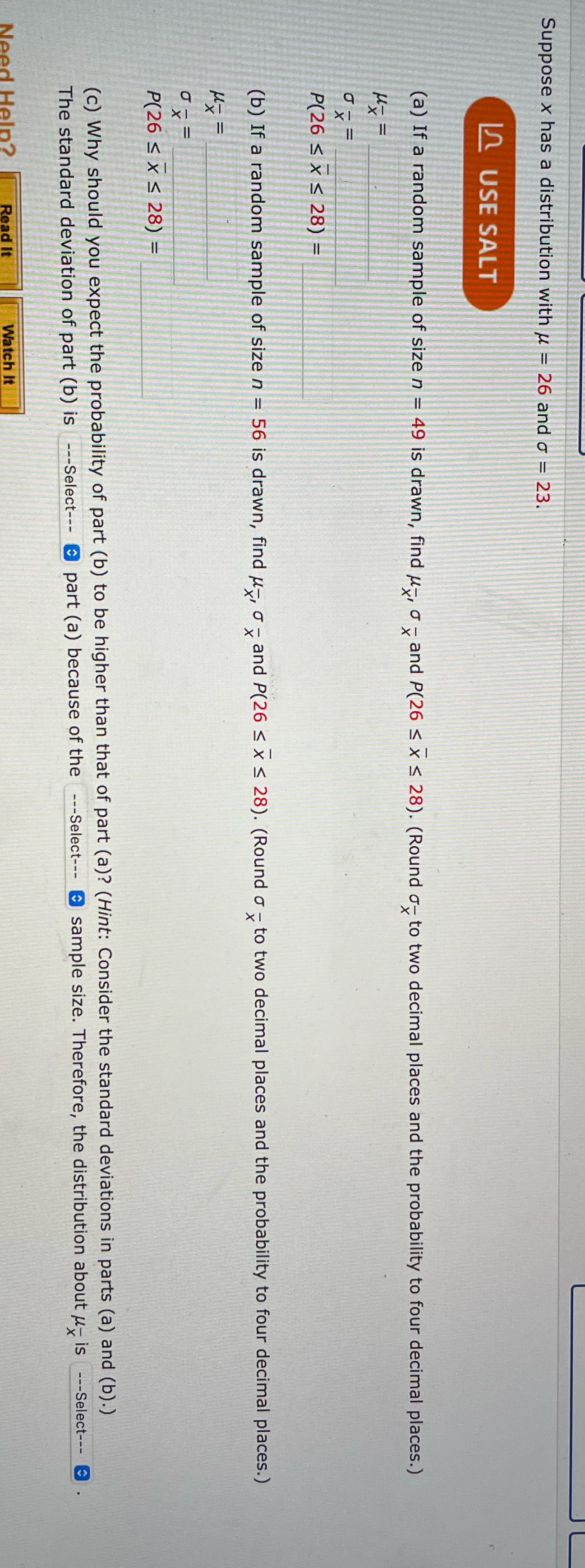 Suppose x has a distribution with u = 26 and o =
