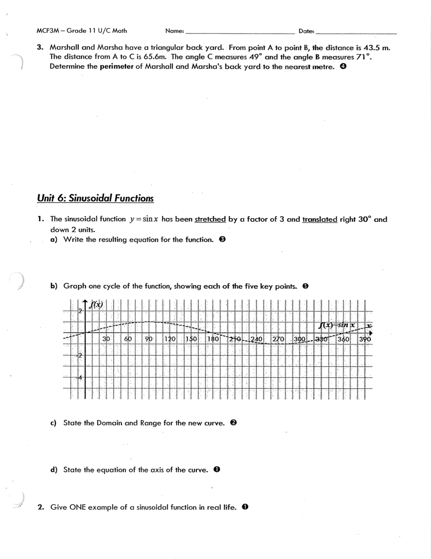 MCF3M - Grade 11 U/C Math Name: Date: 5. The