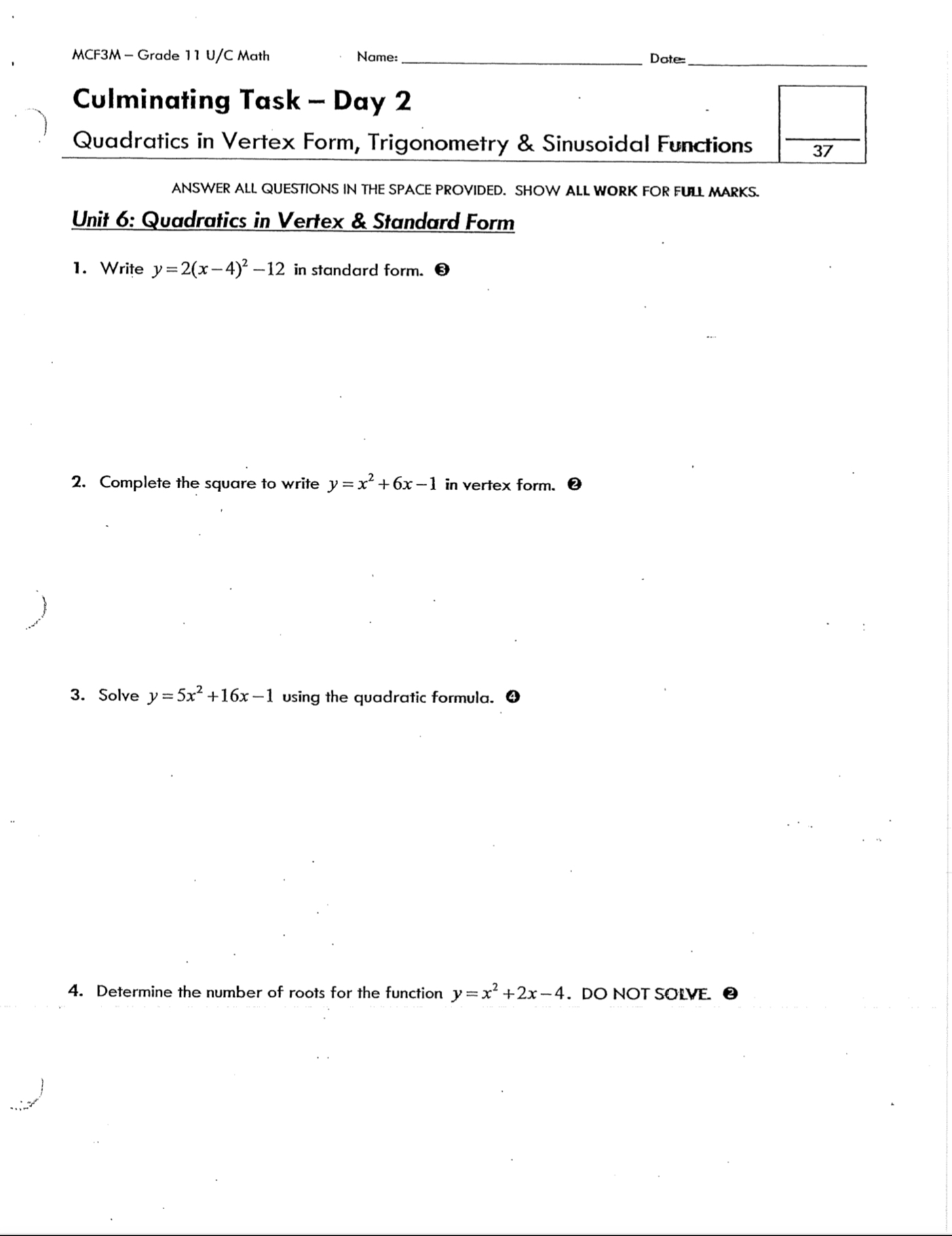 MCF3M - Grade 11 U/C Math Name: Date: 5. The