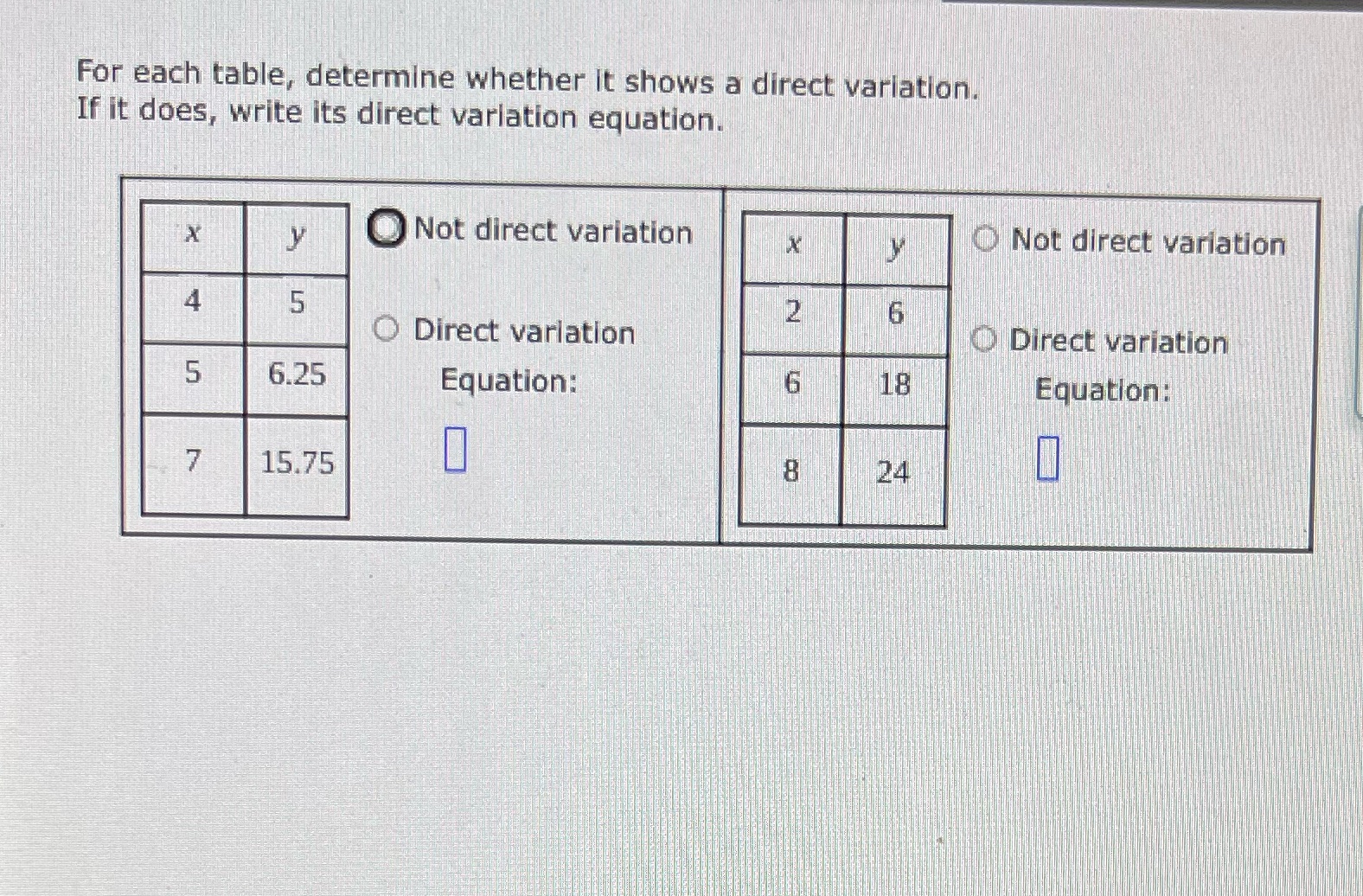 For each table, determine whether it shows a