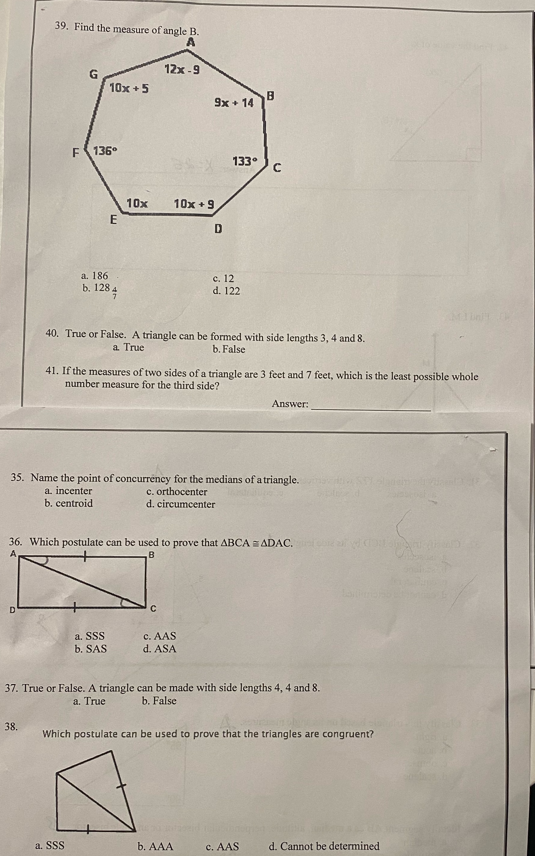 39. Find the measure of angle B. A G 12x - 9 10x
