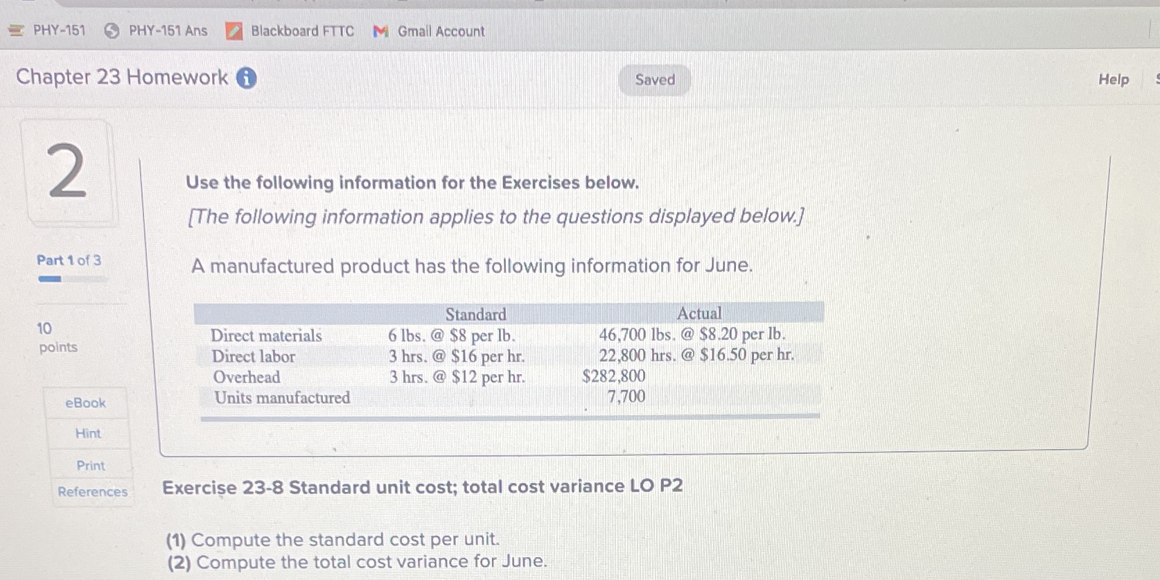 Compute the total coat variance June PHY-151 5