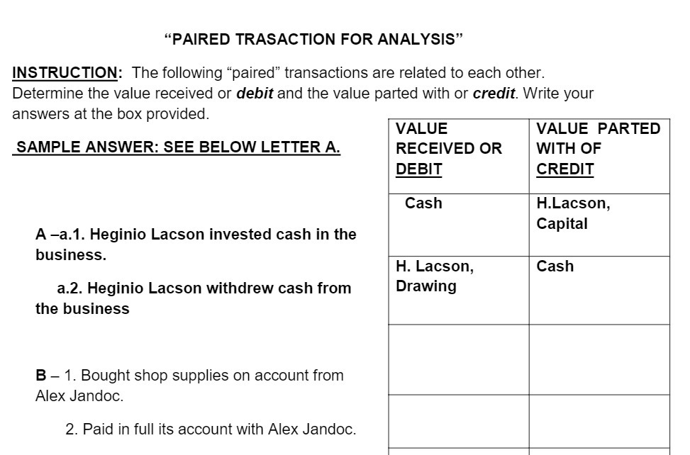 "PAIRED TRASACTION FOR ANALYSIS" INSTRUCTION: The