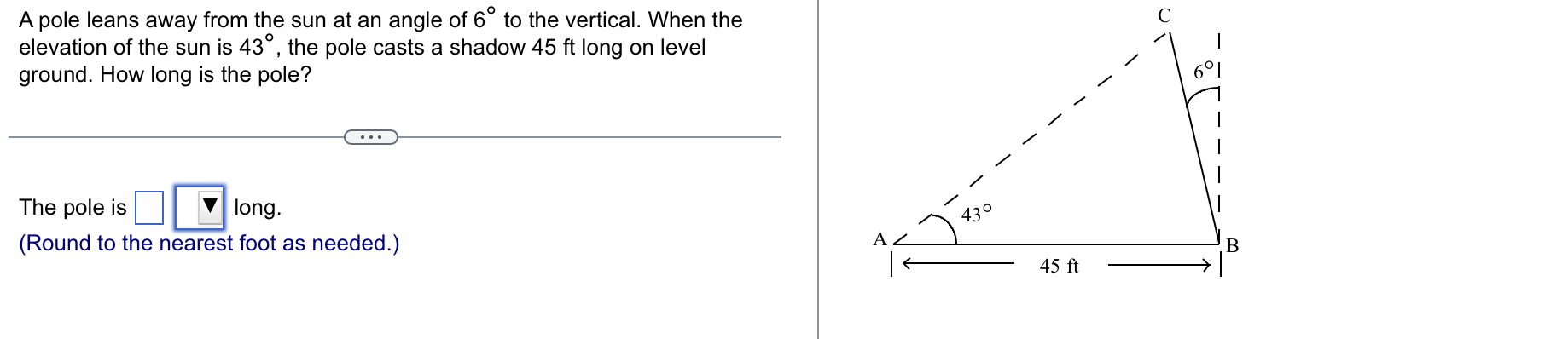 A pole leans away from the sun at an angle of 6