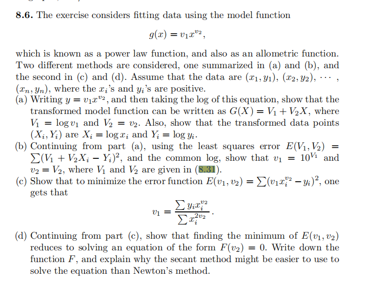 8.6. The exercise considers tting data using the