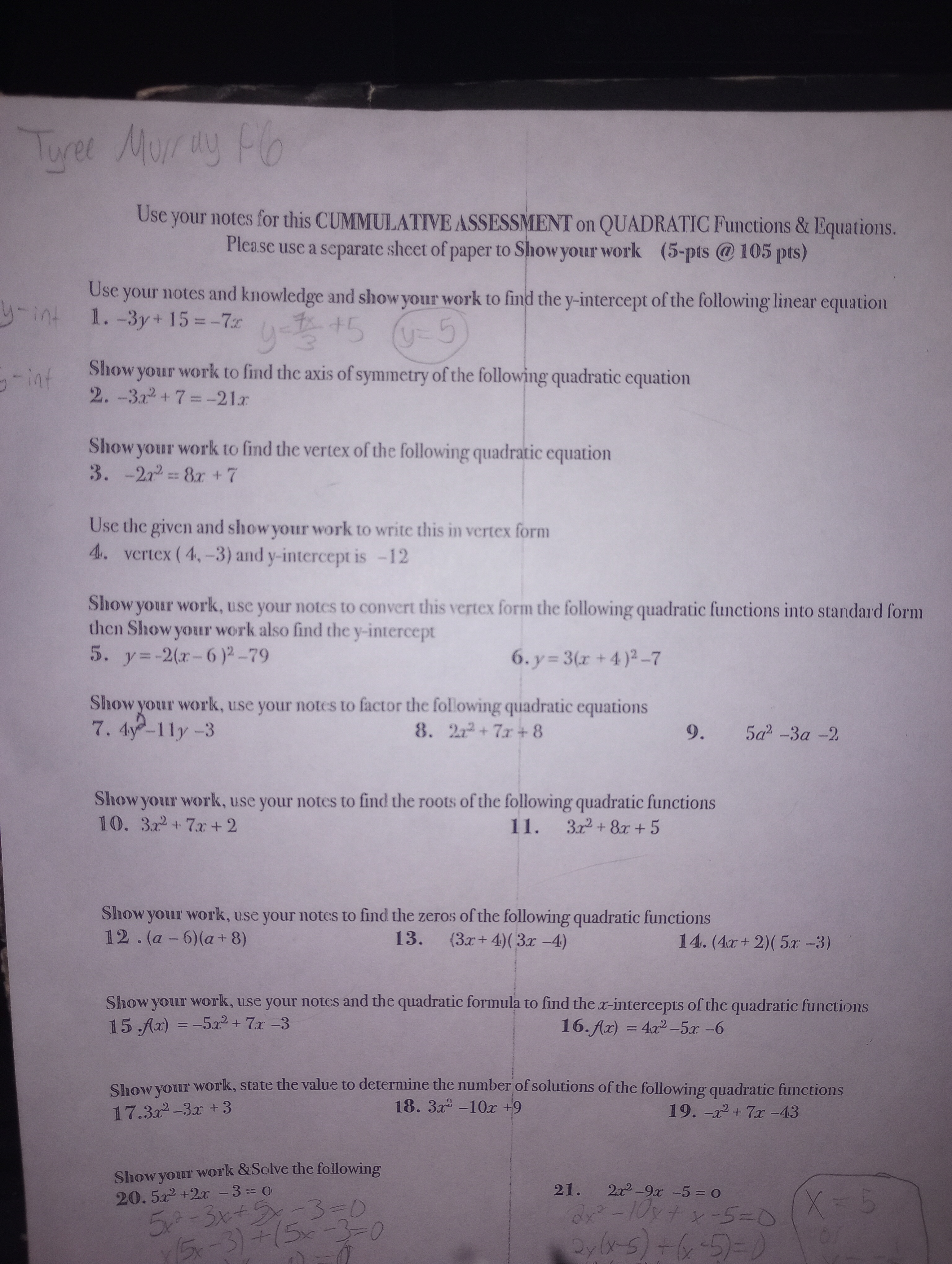 Tyree Murray 16 Use your notes for this