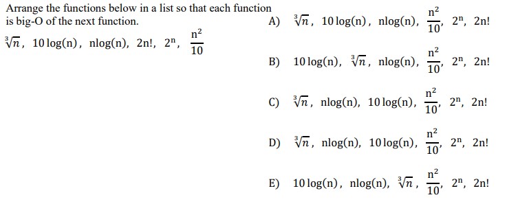 Arrange the functions below in a list so that