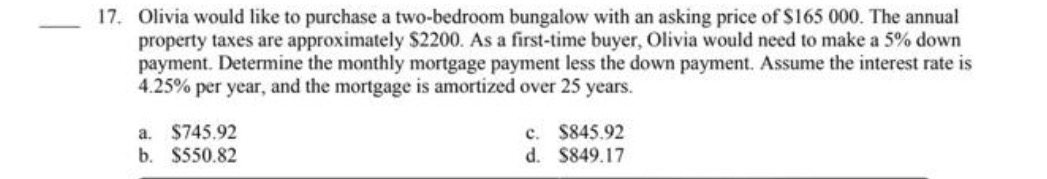 17. Olivia would like to purchase a two-bedroom