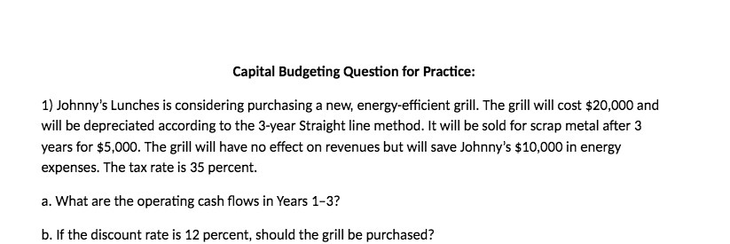 Capital Budgeting Question for Practice: 1)
