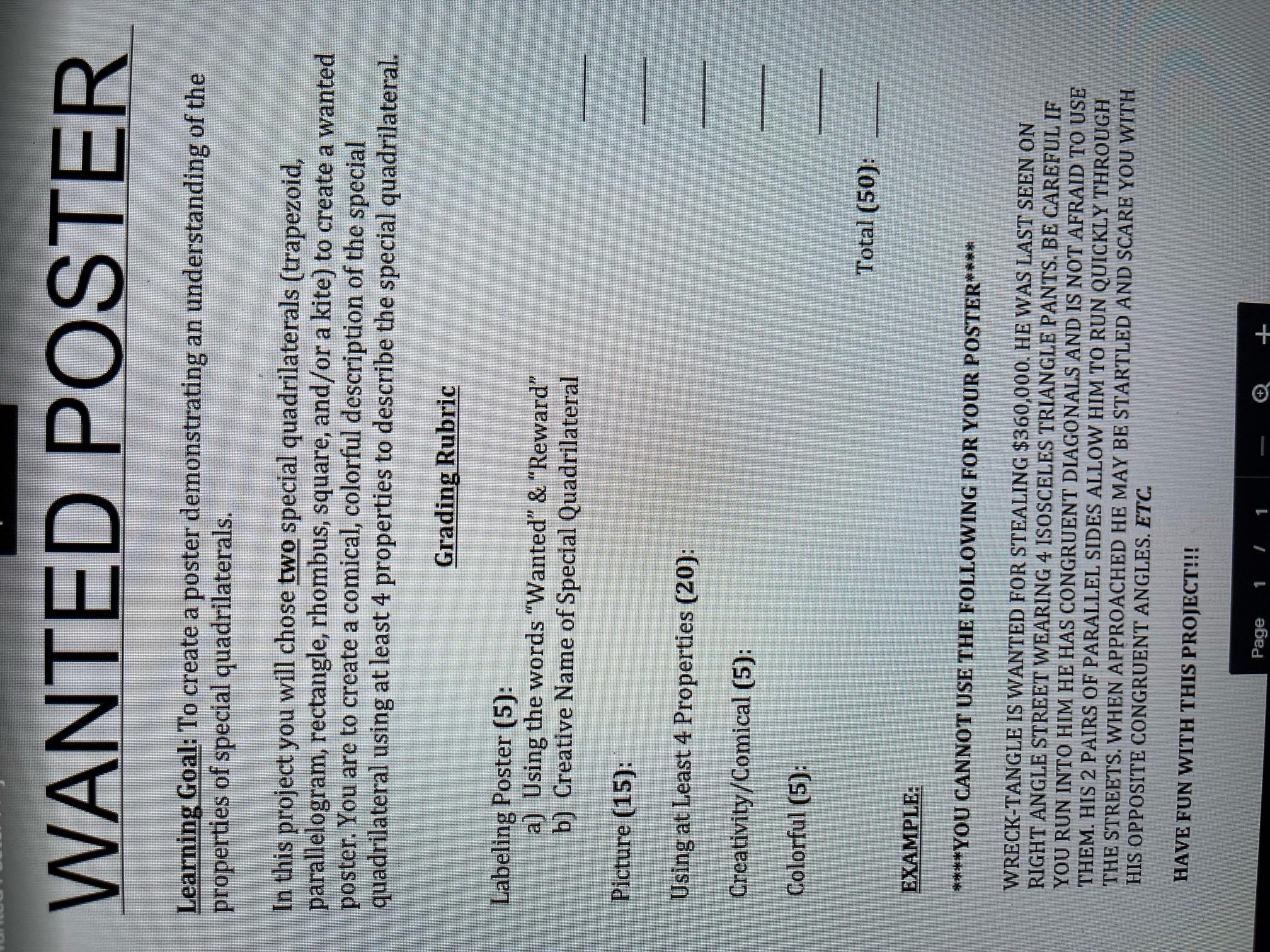 WANTED POSTER Learning Goal: To create a poster