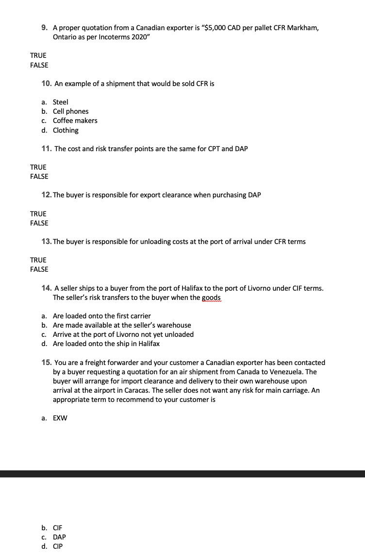 9. A proper quotation from a Canadian exporter is