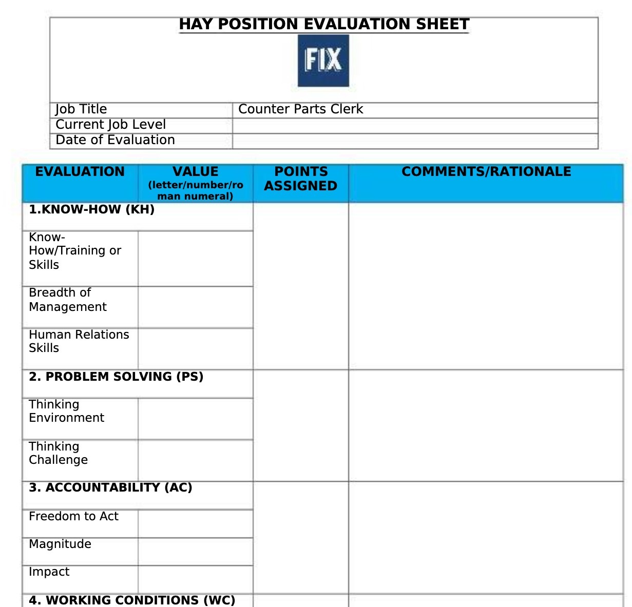 HAY POSITION EVALUATION SHEET FIX Job Title