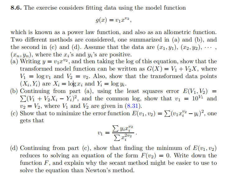 8.6. The exercise considers fitting data using