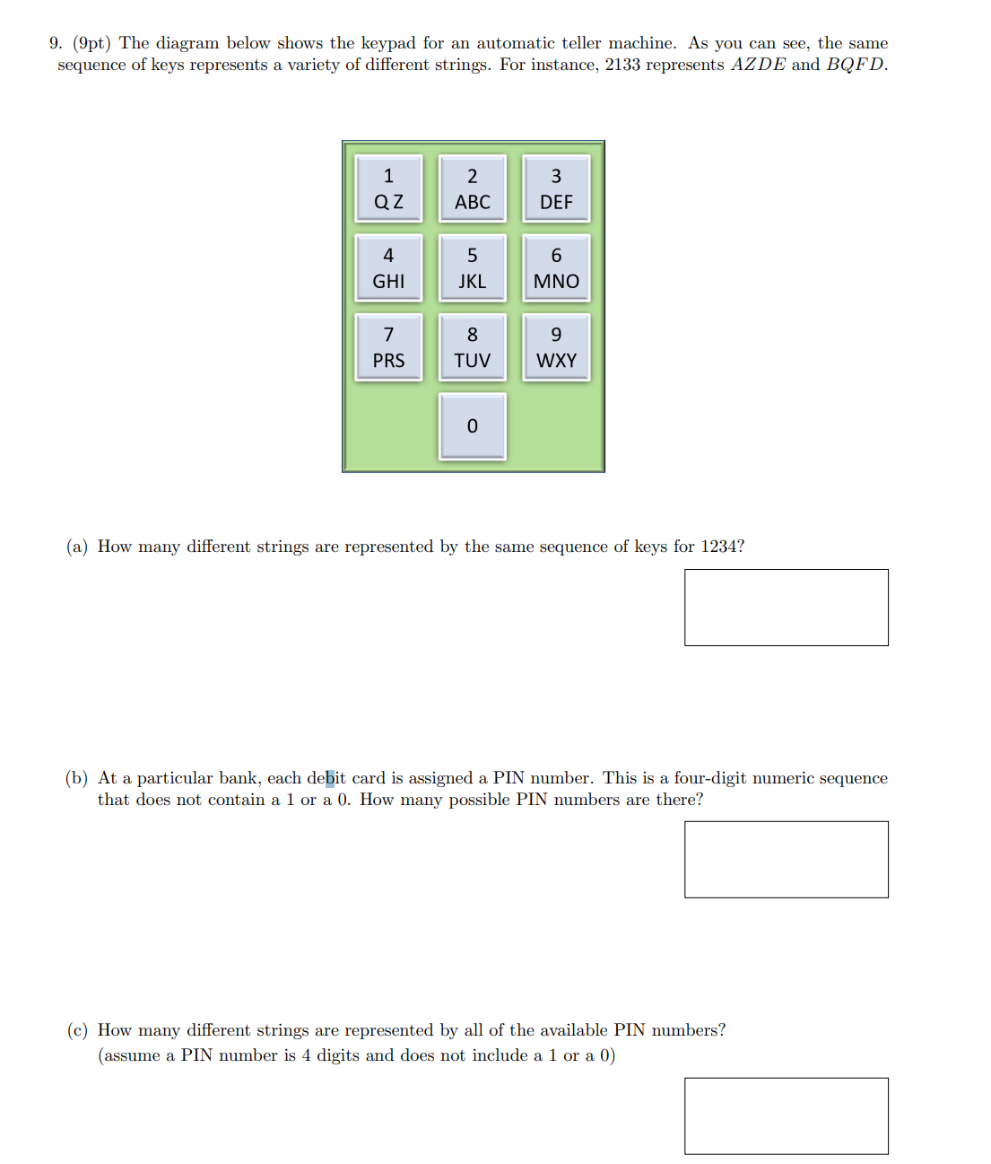 9. (9pt) The diagram below shows the keypad for
