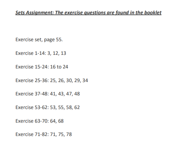 Sets Assignment: The exercise questions are found