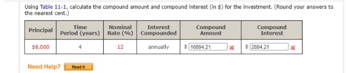 Using Table 11-1, calculate the compound amount