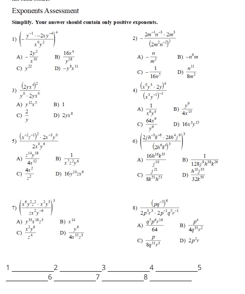Can you simplify this Exponents Assessment