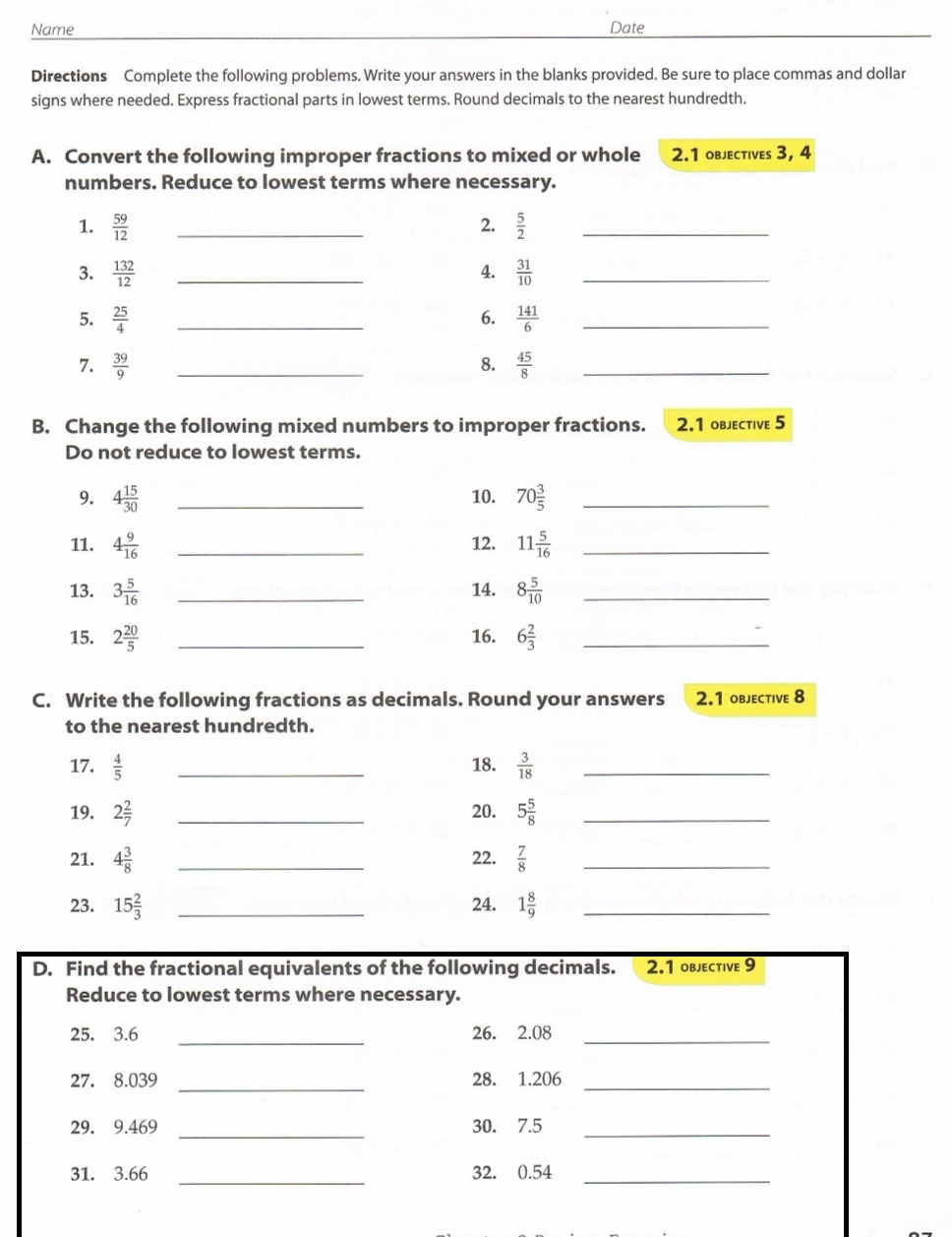 Name Date Directions Complete the following