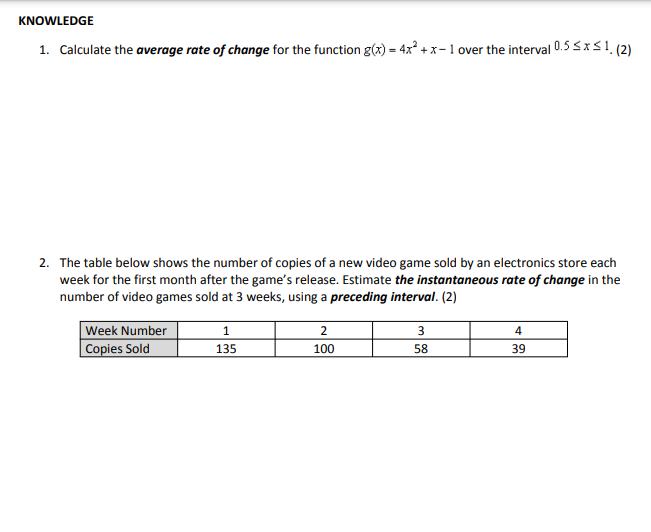 KNOWLEDGE 1. Calculate the average rate of change