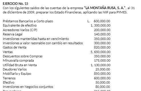 EJERCICIO No. 15 Con los siguientes saldos de las