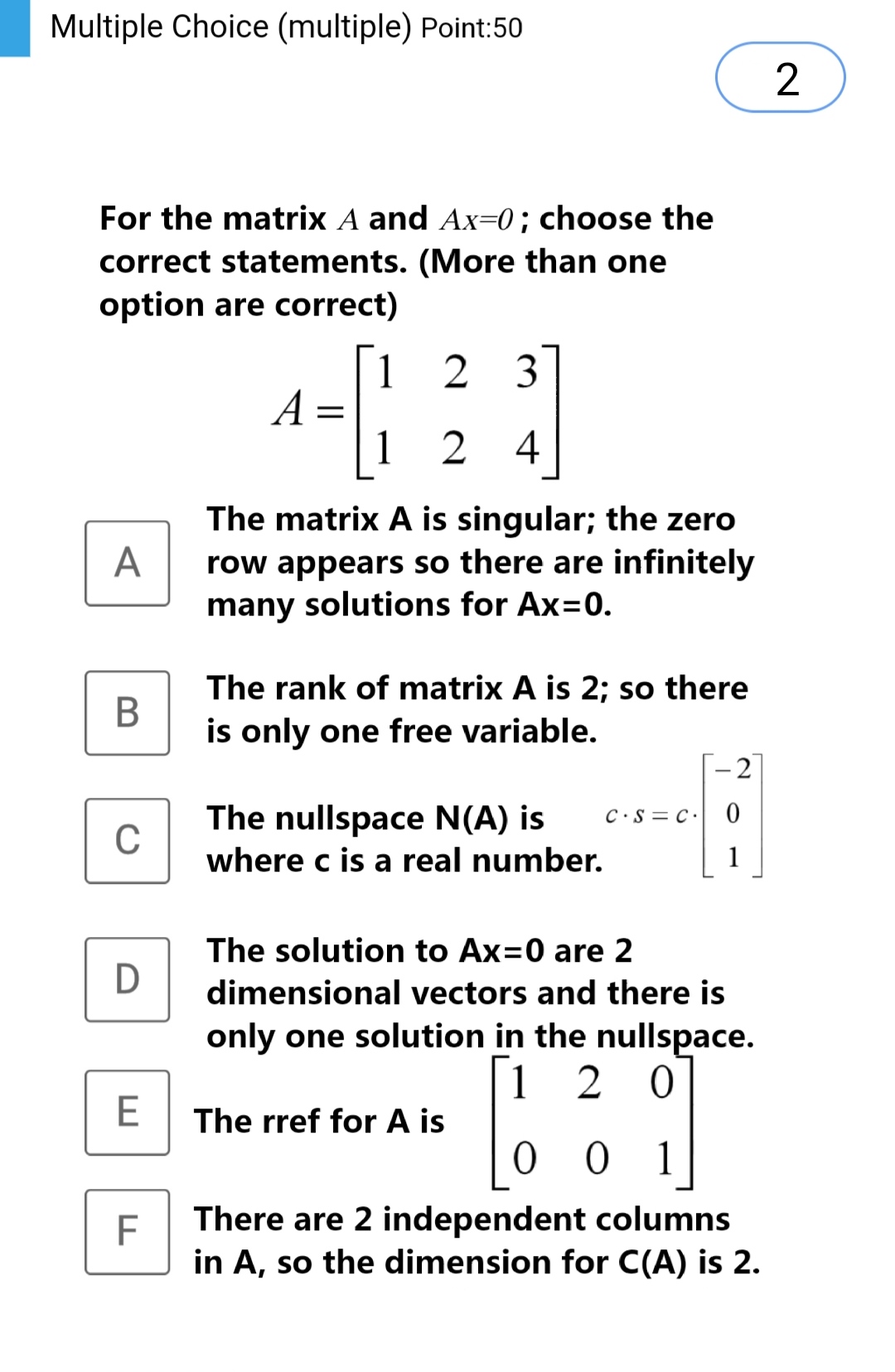 Linear Algebra ============ ? I Multiple Choice