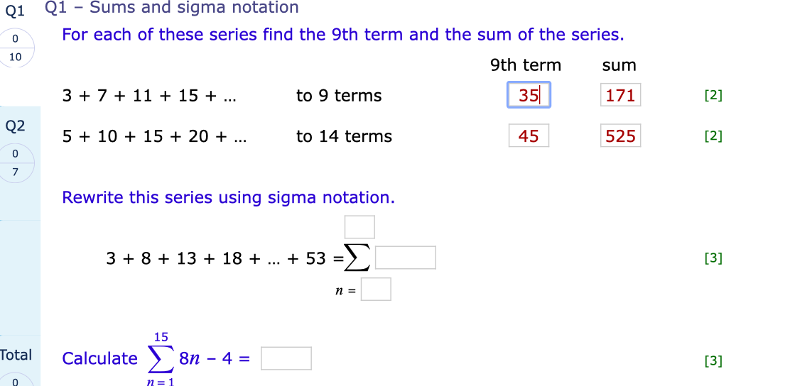 Q1 0 10 Q2 Total Q1 - Sums and sigma notation For