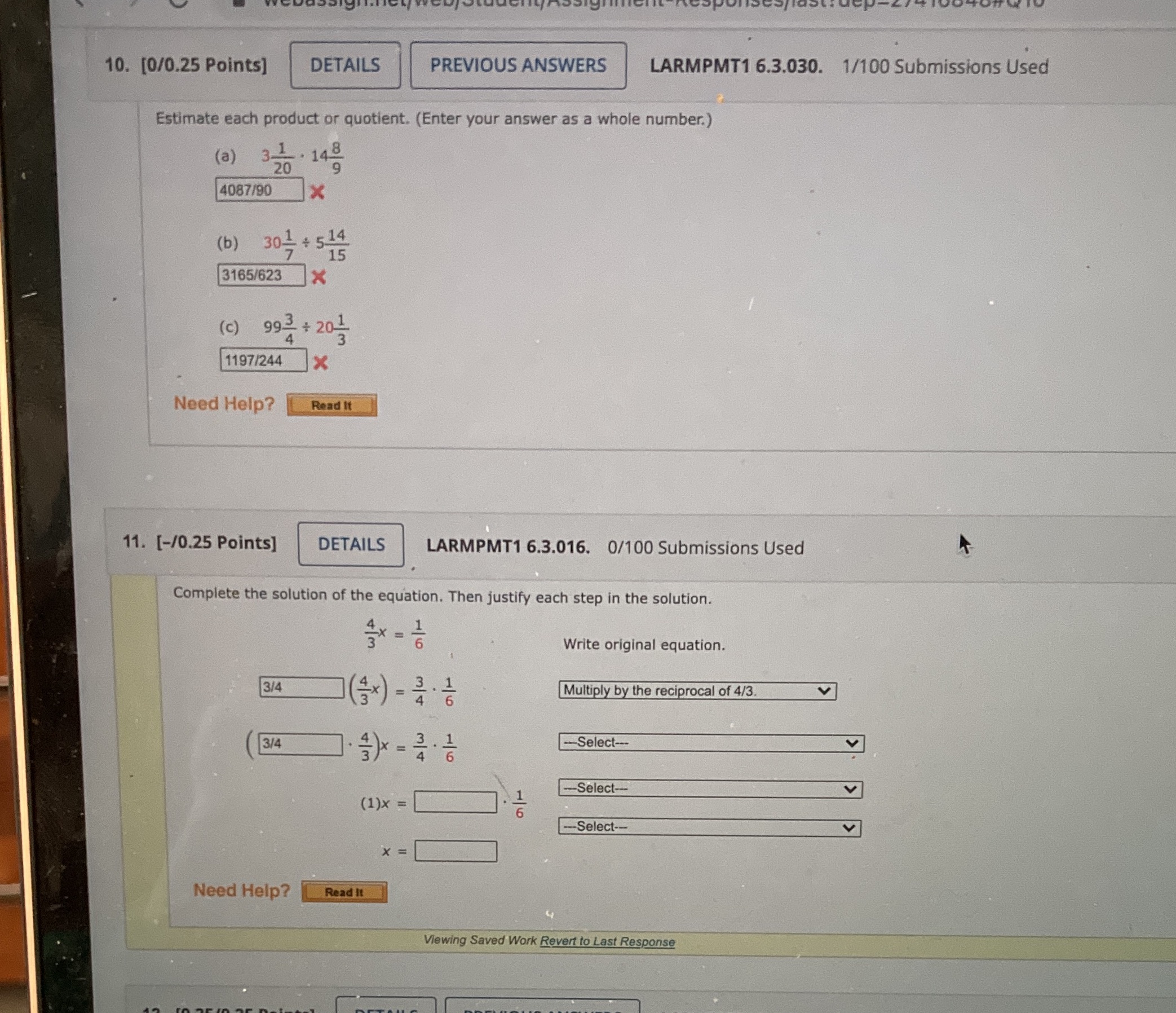 10. [0/0.25 Points] DETAILS PREVIOUS ANSWERS