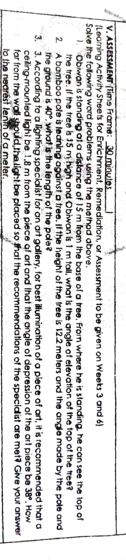 V. ASSESSMENT (Time Frame: 30 minutes (Learning