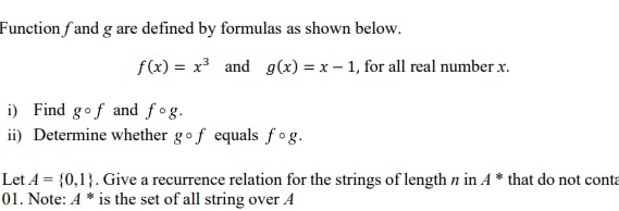Function f and g are defined by formulas as shown
